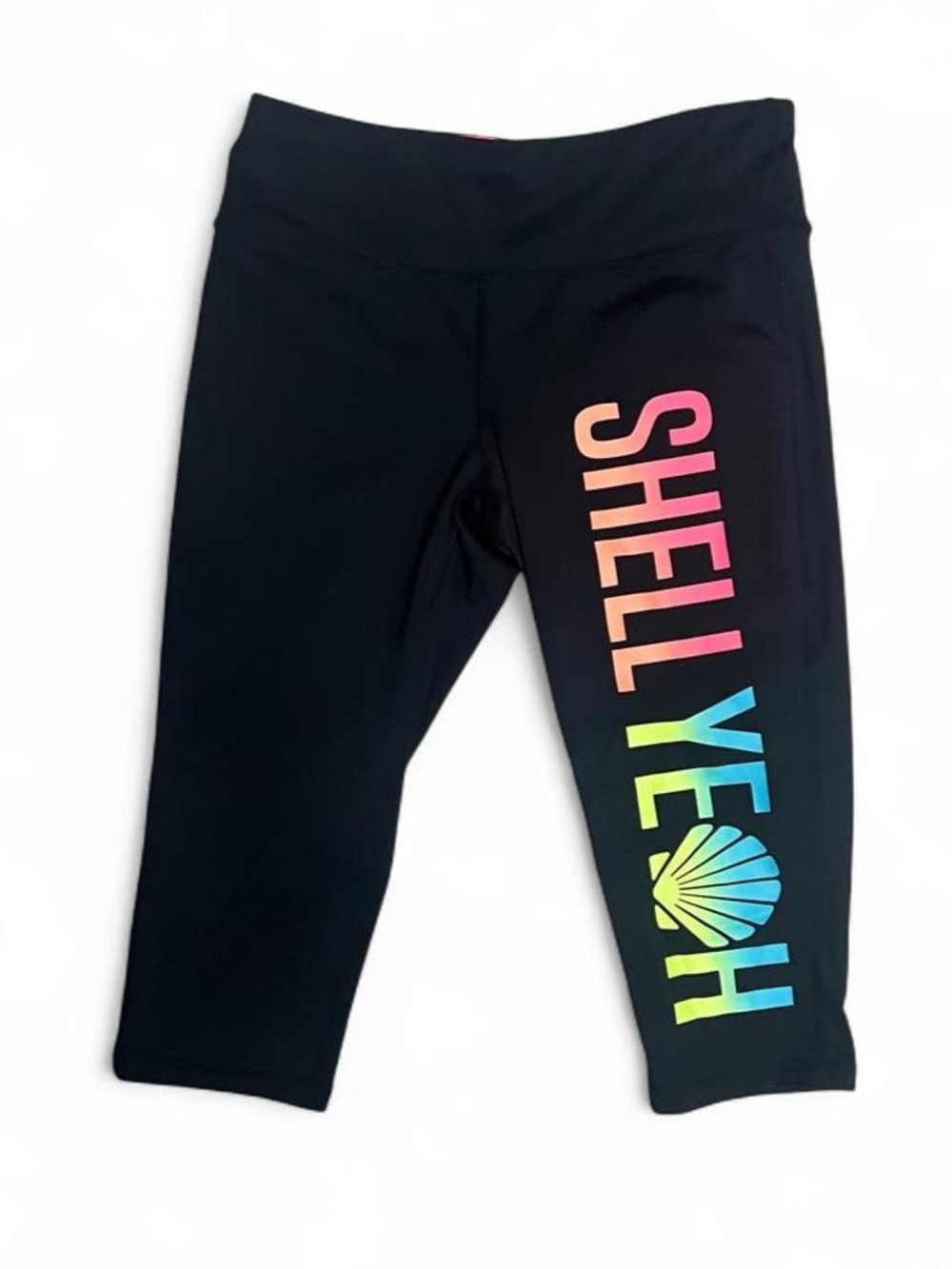 Material Girl Black Capri Leggings with Rainbow "SHELL YEAH" Shell Graphic